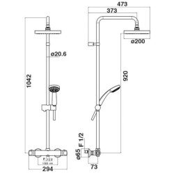 Schéma technique - Colonne de douche, mitigeur thermostatique, pomme de douche 200mm ABS - MIZU