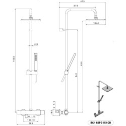 Schéma technique - Colonne de douche, mitigeur thermostatique, pomme de douche carrée 200x200mm ABS - MIZU