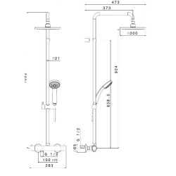 Schéma technique - Système de douche thermostatique PRO 5 NF - pomme 200mm ABS