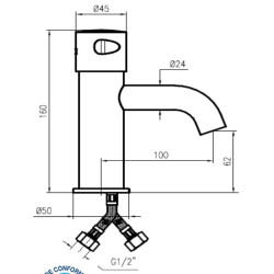 Schéma technique - Robinet temporisé pour lavabo, monofluide, temporisation pré-réglée 15s - WETTER