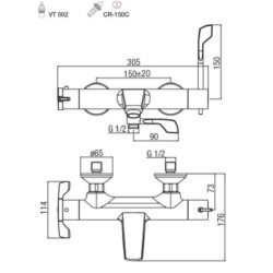 Schéma technique - Mitigeur thermostatique Bain-Douche PMR - manettes souples