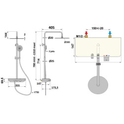Schéma technique - Colonne douche thermostatique Tablette verre DOMAO 300