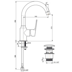 Schéma technique - Mitigeur lavabo bec haut avec vidage clic clac hostaform