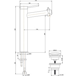 Schéma technique - Mitigeur lavabo rehaussé avec vidage clic clac métal