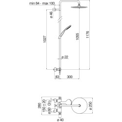 Schéma technique - Colonne de douche thermostatique avec barre recoupable Ø 22 et pomme de tête Ø240 douchette 2 jets série TYKO