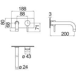 Schéma technique - Façade mitigeur lavabo encastré bec 200 mm LIVE