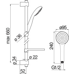 Schéma technique - Barre de douche 660 mm avec douchette 1 jet chrome