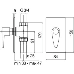 Schéma technique - Robinet pas rapide à encastrer chrome