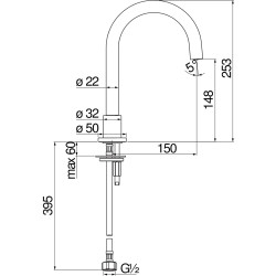 Schéma technique - Bec pour baignoire sur gorge hauteur 253 mm SOLE