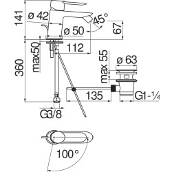Schéma technique - Mitigeur bidet C3 avec vidage SAND chrome
