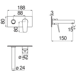 Schéma technique - Façade lavabo mural avec plaque bec 160mm SKY chrome