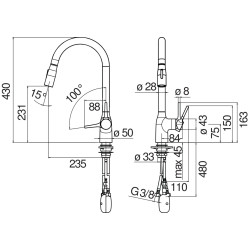 Schéma technique - Mitigeur évier avec douchette extractible 2 jets - réf. CU128137