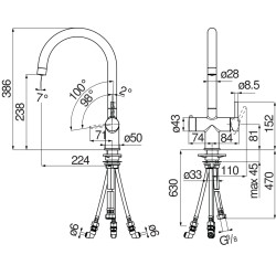 Schéma technique - Corps mitigeur évier 5 voies avec aérateur DUAL-FLOW chrome