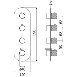 Schéma technique - Façade thermostatique poignée Ø 40 avec 3 et 4 voies