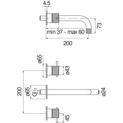Schéma technique - Façade mitigeur lavabo encastré 3 trous bec 200 mm