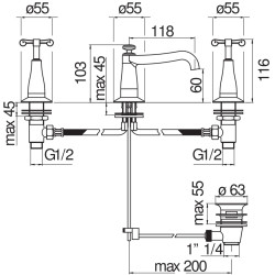 Schéma technique - Mélangeur lavabo 3 trous CARLOS PRIMERO miel brossé PVD - réf. CP211/1CGP