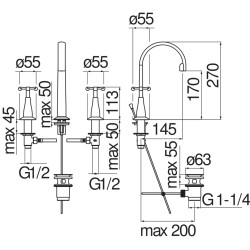 Schéma technique - Mélangeur lavabo 3 trous CARLOS PRIMERO miel brossé PVD - réf. CP212/1CGP