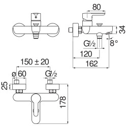 Schéma technique - Mitigeur bain douche ABC (Sans duplex)