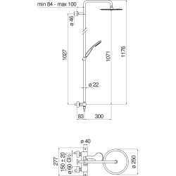 Schéma technique - Colonne de douche thermostatique Ø 22 et pomme de tête TAGO (Avec barre recoupable Ø250 douchette 1 jet)