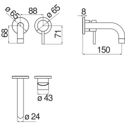 Schéma technique - Façade mitigeur lavabo encastré avec rosaces LIVE (Bec 150 mm)