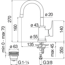 Schéma technique - Mitigeur lavabo YOYO - réf. YO126128/2 (Bec haut)