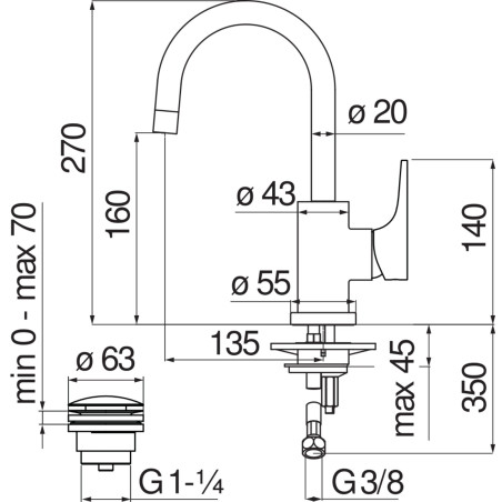 Schéma technique - Mitigeur lavabo YOYO - réf. YO126128/2 (Bec haut)