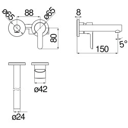 Schéma technique - Façade mitigeur lavabo à encastrer ABC (Avec rosaces bec 150 mm)