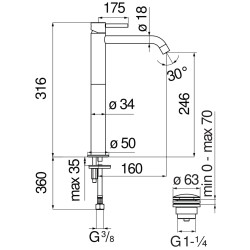 Schéma technique - Mitigeur lavabo ACQUERELLI (Corps haut avec vidage push 1''1/4)