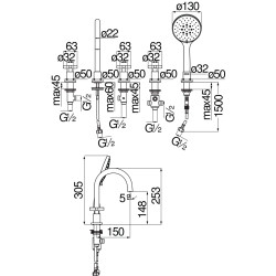 Schéma technique - Batterie 5 trous bord baignoire LIRA (Bec 150 mm)
