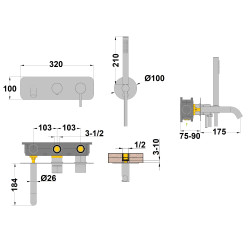 Schéma technique - Mitigeur douche encastré mécanique douchette 3 jets COX / ORTENCE