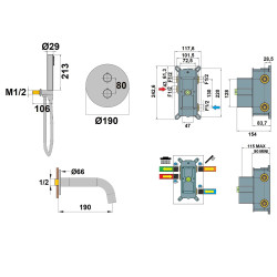 Schéma technique - Formule bain-douche encastrée thermostatique douchette 1 jet COX / ORTENCE