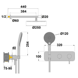 Schéma technique - Formule douche encastrée mécanique douchette 3 jets COX / ORTENCE - réf. 78790