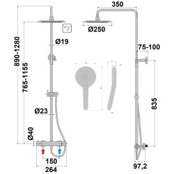 Schéma technique - Colonne de douche thermostatique douchette 3 jets COX / ORTENCE