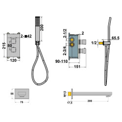 Schéma technique - Formule bain-douche encastrée mural thermostatique PLAZA