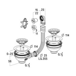 Vidage à panier pour éviers tous matériaux 2 cuves, perçage 90 mm