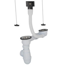 Vidage complet plastique pour éviers inox 2 cuves, perçage 50 mm