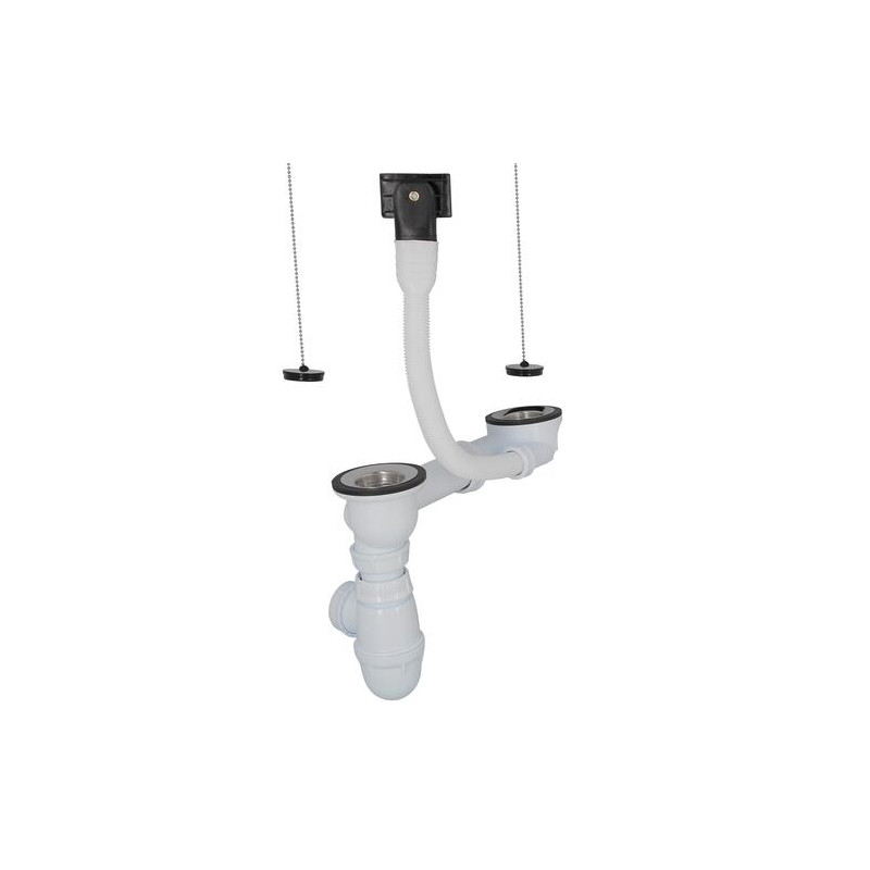 Vidage complet plastique pour éviers inox 2 cuves, perçage 50 mm