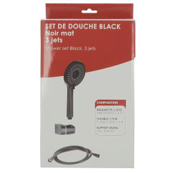 Set de douche BLACK, noir mat, 3+1 jets, support mural articulé, flexible 1,75 m