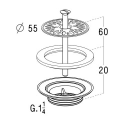 Bonde de lavabo, corps laiton, à grille Ø 55 mm, filetage 1"1/4