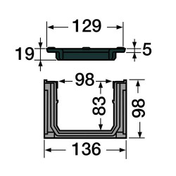 Caniveau haut CONNECTO® avec 2 grilles fonte, classe B125, l. 100 int./130 ext