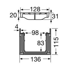 Caniveau haut CONNECTO®, 2 grilles composite, classe B125, l. 100 int./130 ext