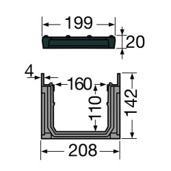 Caniveau CONNECTO®, 1 m, largeur 200 mm, grille caillebotis en fonte B125