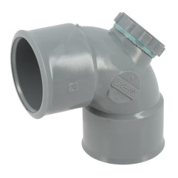 Coude avec bouchon dessus Ø 32 mm, femelle-femelle à 87°30, à coller, gris, en P