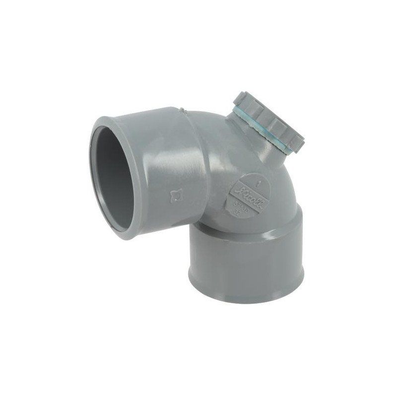Coude avec bouchon dessus Ø 32 mm, femelle-femelle à 87°30, à coller, gris, en P