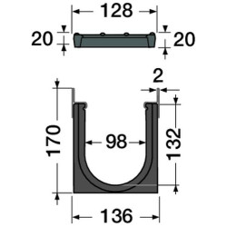 Caniveau nicoll PP dn100, l=1mtr, 130mm profondeur avec corniere acier et grille