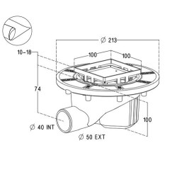 Siphon Ø40 DOCIA® avec grille inox à carreler, 10x10 cm, avec natte