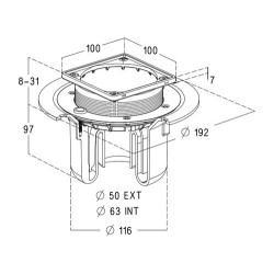 Siphon pour carré s/vert.cadre inox 10x10