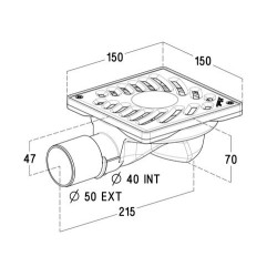 Siphonnette 15x15, grill inox, palmier, verrouillable, horizontale, Ø 40/50 mm