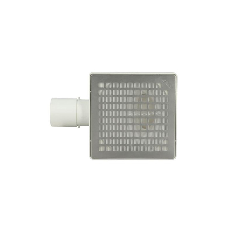 Siphonnette 15x15, grill inox design carrés, sortie horizontale, Ø 40/50 mm