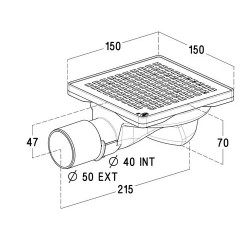 Siphonnette 15x15, grill inox design carrés, sortie horizontale, Ø 40/50 mm